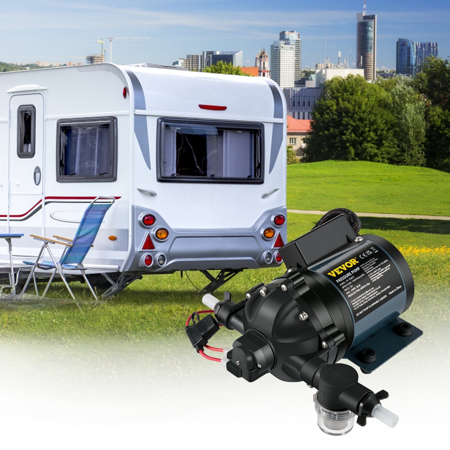 Deckwaschpumpe, 12 V DC, 26 l/min (7 GPM), 4 bar (60 PSI), max. 3 m Förderhöhe, selbstansaugend, mit EPDM-Ventil, universellem Salzwasserfilter und Innen-/Außengewinde, für Wohnmobile, Bootsdecks und Yachten