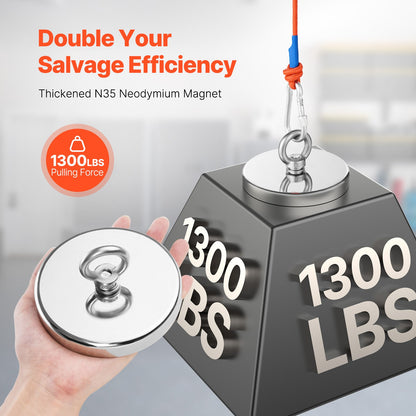 Magnet Fishing Kit, 1300 LBS/590 Kg Single-Sided Pulling Force Strong Magnet Fishing Kit, Rare Earth Neodymium Magnetic Fishing Kit Includes Grappling Hook, Heavy Duty Rope, Gloves and Eyebolt