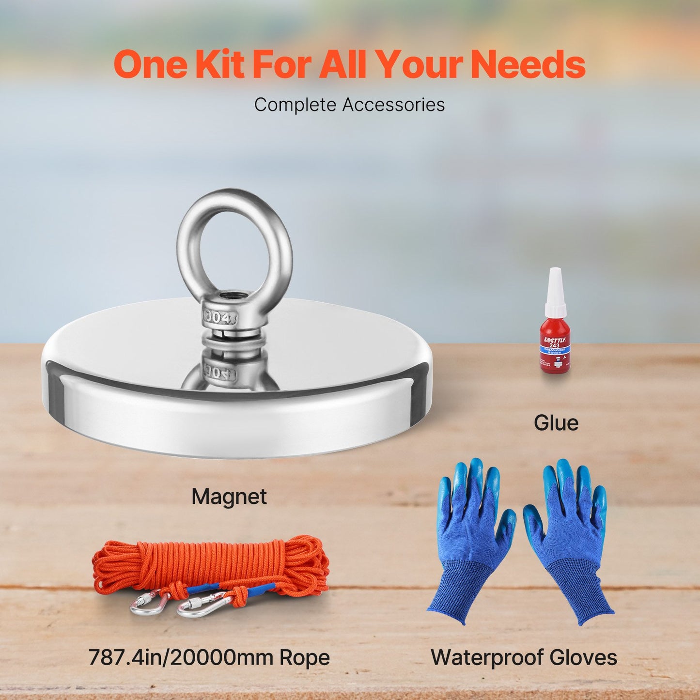Magnet Fishing Kit, 1300 LBS/590 Kg Single-Sided Pulling Force Strong Magnet Fishing Kit, Rare Earth Neodymium Magnetic Fishing Kit Includes Grappling Hook, Heavy Duty Rope, Gloves and Eyebolt