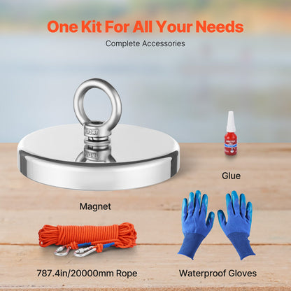 Magnet Fishing Kit, 1300 LBS/590 Kg Single-Sided Pulling Force Strong Magnet Fishing Kit, Rare Earth Neodymium Magnetic Fishing Kit Includes Grappling Hook, Heavy Duty Rope, Gloves and Eyebolt
