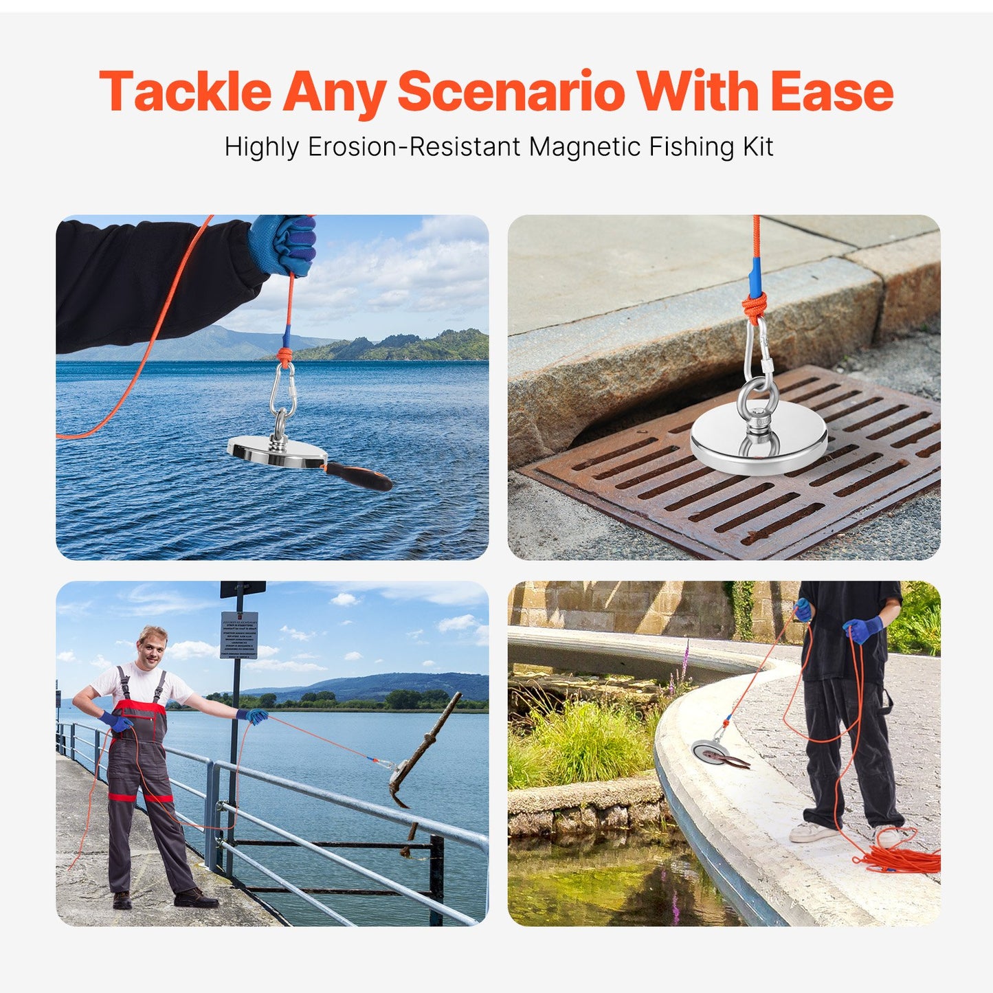 Magnet Fishing Kit, 1300 LBS/590 Kg Single-Sided Pulling Force Strong Magnet Fishing Kit, Rare Earth Neodymium Magnetic Fishing Kit Includes Grappling Hook, Heavy Duty Rope, Gloves and Eyebolt