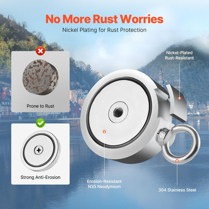 Magnet Fishing Kit, 1400 LBS/635 Kg Double-Sided Pulling Force Magnet Fishing Kit, Rare Earth Neodymium Magnetic Fishing Kit Includes Grappling Hook, Heavy Duty Rope, Gloves, Eyebolt, Carry Case