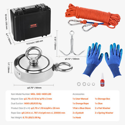 Magnet Fishing Kit, 1400 LBS/635 Kg Double-Sided Pulling Force Magnet Fishing Kit, Rare Earth Neodymium Magnetic Fishing Kit Includes Grappling Hook, Heavy Duty Rope, Gloves, Eyebolt, Carry Case