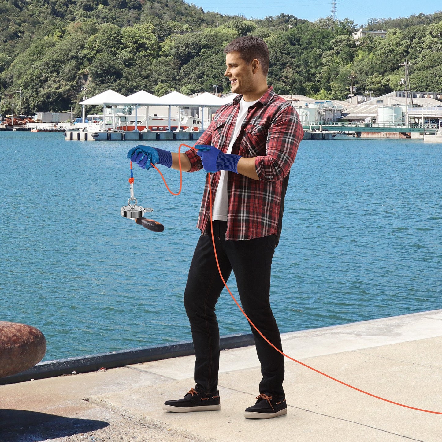 Magnet Fishing Kit, 1400 LBS/635 Kg Double-Sided Pulling Force Magnet Fishing Kit, Rare Earth Neodymium Magnetic Fishing Kit Includes Grappling Hook, Heavy Duty Rope, Gloves, Eyebolt, Carry Case