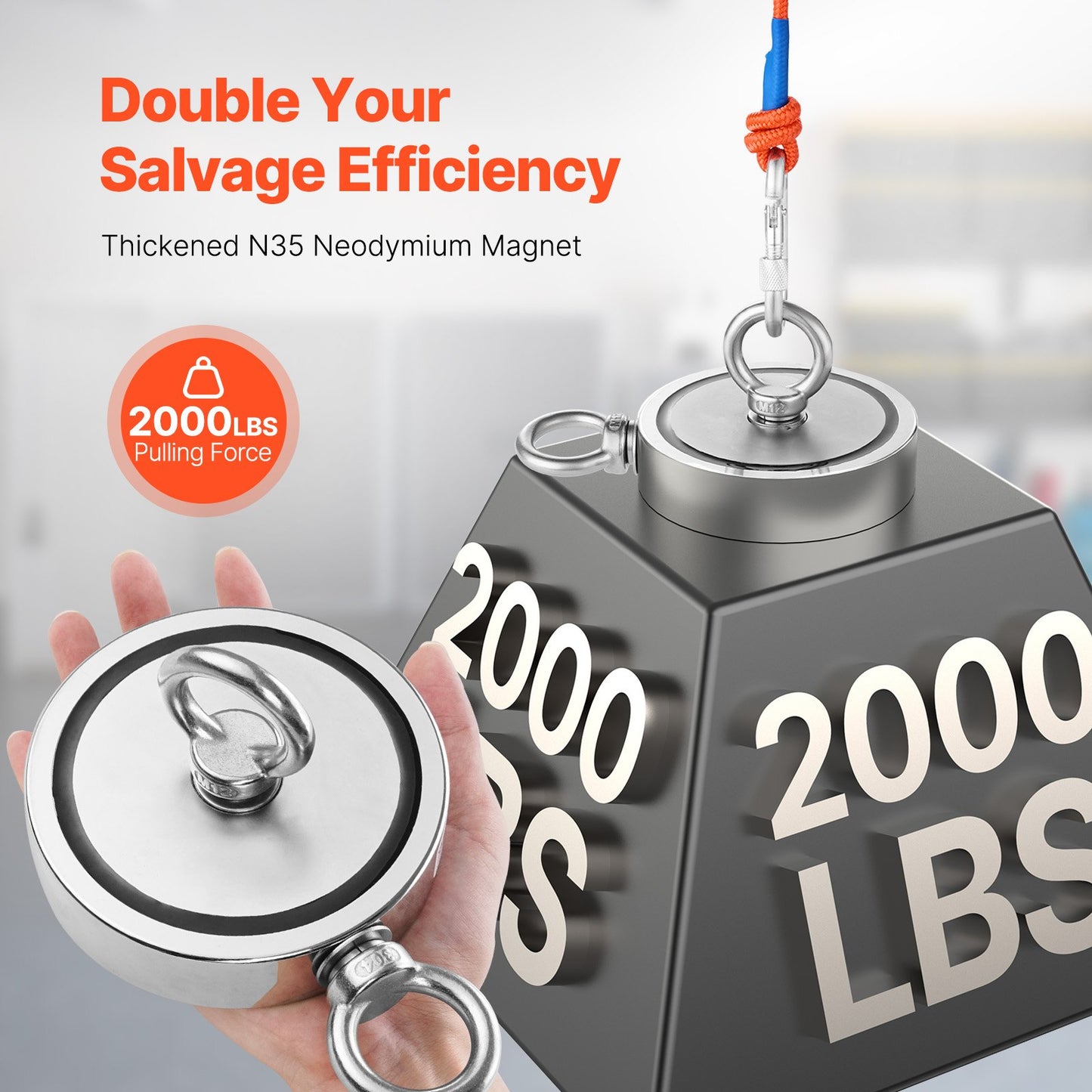 Magnet Fishing Kit, 2000 LBS/907 Kg Double-Sided Pulling Force Strong Magnet Fishing Kit, Rare Earth Neodymium Magnetic Fishing Kit Includes Grappling Hook, Heavy Duty Rope, Gloves and Eyebolt