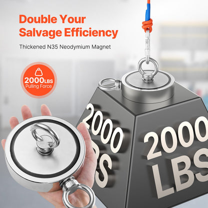 Magnet Fishing Kit, 2000 LBS/907 Kg Double-Sided Pulling Force Strong Magnet Fishing Kit, Rare Earth Neodymium Magnetic Fishing Kit Includes Grappling Hook, Heavy Duty Rope, Gloves and Eyebolt