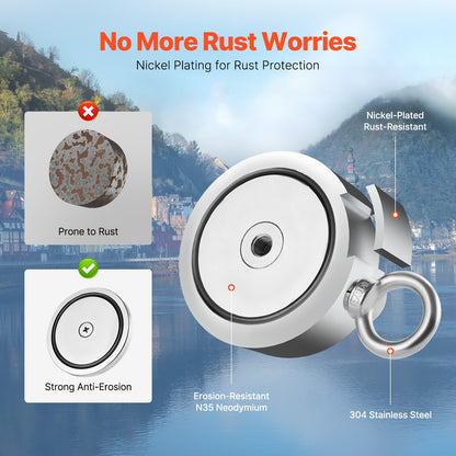 Magnet Fishing Kit, 2000 LBS/907 Kg Double-Sided Pulling Force Strong Magnet Fishing Kit, Rare Earth Neodymium Magnetic Fishing Kit Includes Grappling Hook, Heavy Duty Rope, Gloves and Eyebolt