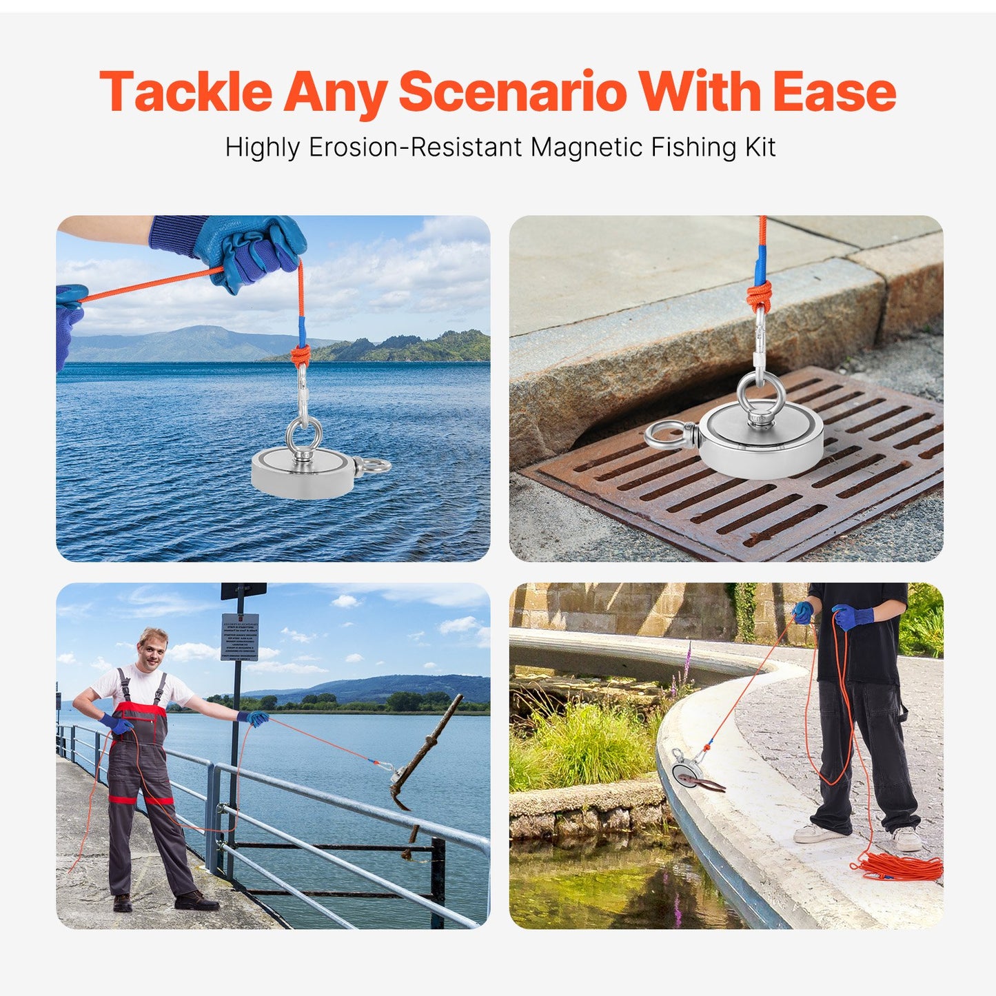 Magnet Fishing Kit, 2000 LBS/907 Kg Double-Sided Pulling Force Strong Magnet Fishing Kit, Rare Earth Neodymium Magnetic Fishing Kit Includes Grappling Hook, Heavy Duty Rope, Gloves and Eyebolt