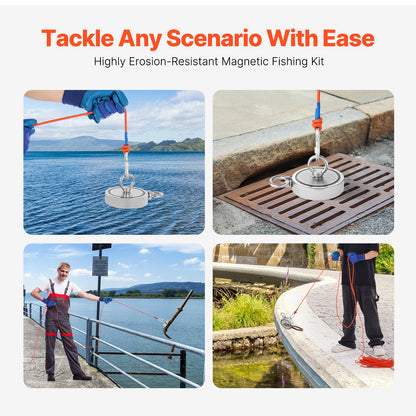 Magnet Fishing Kit, 2000 LBS/907 Kg Double-Sided Pulling Force Strong Magnet Fishing Kit, Rare Earth Neodymium Magnetic Fishing Kit Includes Grappling Hook, Heavy Duty Rope, Gloves and Eyebolt