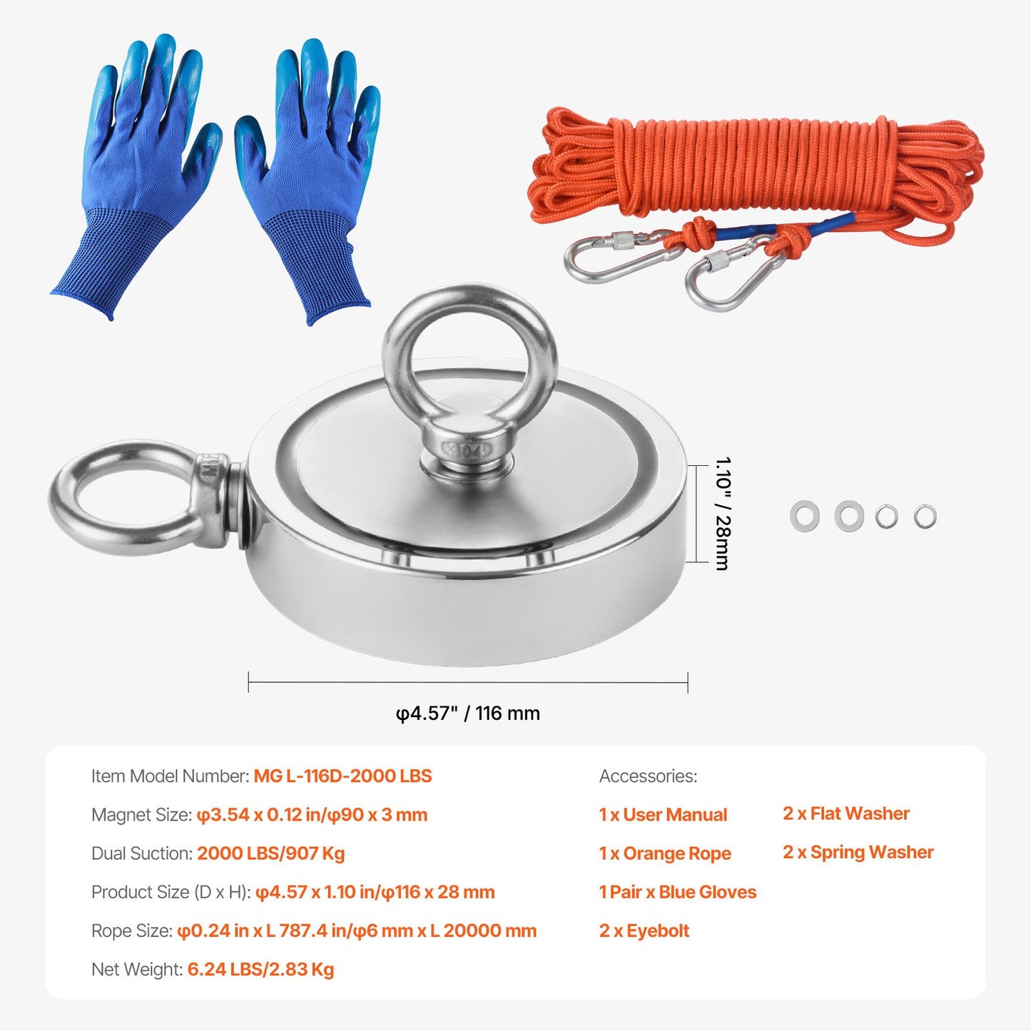 Magnet Fishing Kit, 2000 LBS/907 Kg Double-Sided Pulling Force Strong Magnet Fishing Kit, Rare Earth Neodymium Magnetic Fishing Kit Includes Grappling Hook, Heavy Duty Rope, Gloves and Eyebolt
