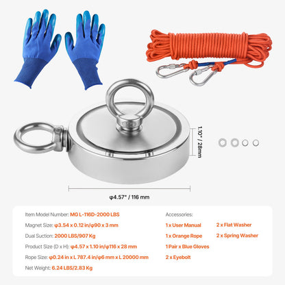 Magnet Fishing Kit, 2000 LBS/907 Kg Double-Sided Pulling Force Strong Magnet Fishing Kit, Rare Earth Neodymium Magnetic Fishing Kit Includes Grappling Hook, Heavy Duty Rope, Gloves and Eyebolt