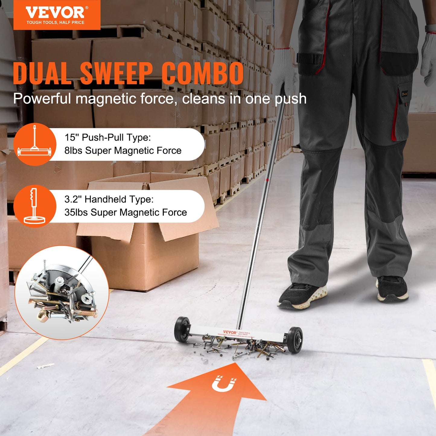 Magnetkehrer (38 cm) mit Rädern, 3,6 kg Tragkraft, mit ausziehbarem Magnetaufsatz, verstellbarem Griff, zum Aufsammeln von Nägeln und Schrauben, für Werkstatt, Garage und Garten