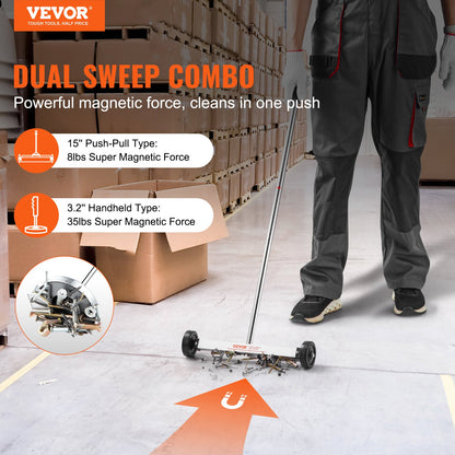 Magnetkehrer (38 cm) mit Rädern, 3,6 kg Tragkraft, mit ausziehbarem Magnetaufsatz, verstellbarem Griff, zum Aufsammeln von Nägeln und Schrauben, für Werkstatt, Garage und Garten