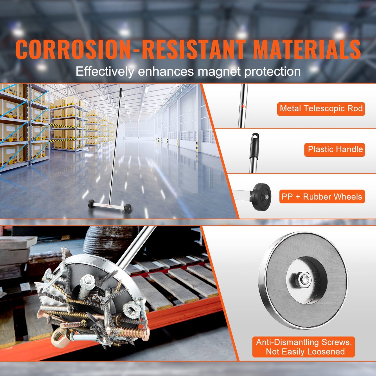 Magnetkehrer (38 cm) mit Rädern, 3,6 kg Tragkraft, mit ausziehbarem Magnetaufsatz, verstellbarem Griff, zum Aufsammeln von Nägeln und Schrauben, für Werkstatt, Garage und Garten