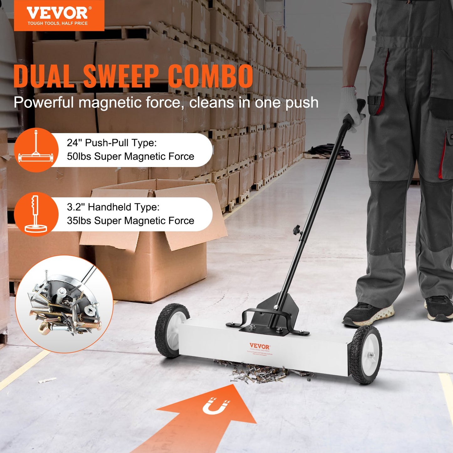 24-Inch Magnetic Sweeper with Wheels, 50 lbs Capacity, with Telescoping Magnetic Pickup Tool, Adjustable Handle, Magnetic Pickup Sweeper to Pick Up Nails and Screws, for Workshop, Garage, Yard