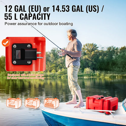 Marine Fuel Tank, 14.53 Gallon/55L, Portable Boat Fuel Gas Tank for Outboard Engine Boats, Plastic Outboard Marine Boat Fuel Tank with Hose, Easy to Carry for Yacht, Fishing Boat, Deck Boat, Red