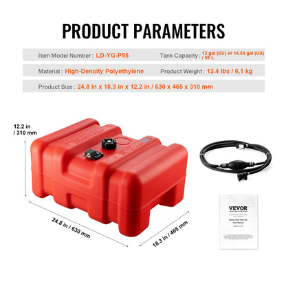 Marine Fuel Tank, 14.53 Gallon/55L, Portable Boat Fuel Gas Tank for Outboard Engine Boats, Plastic Outboard Marine Boat Fuel Tank with Hose, Easy to Carry for Yacht, Fishing Boat, Deck Boat, Red