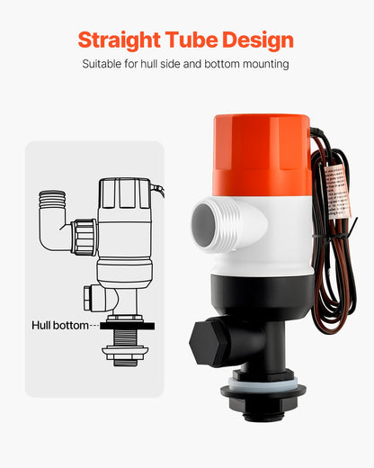 Lebendköderpumpe für Boote, 12 V, 69 l/min (1100 GPH), gerade Belüfterpumpe mit Doppeleinlass, ABA-Gehäuse und abnehmbarer Motorkartusche, korrosionsbeständige Lebendköder-/Köderbehälterpumpe für Süß- und Salzwasser