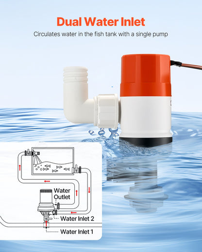 Lebendköderpumpe für Boote, 12 V, 69 l/min (1100 GPH), gerade Belüfterpumpe mit Doppeleinlass, ABA-Gehäuse und abnehmbarer Motorkartusche, korrosionsbeständige Lebendköder-/Köderbehälterpumpe für Süß- und Salzwasser