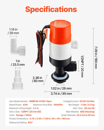 Lebendköderpumpe für Boote, 12 V, 69 l/min (1100 GPH), gerade Belüfterpumpe mit Doppeleinlass, ABA-Gehäuse und abnehmbarer Motorkartusche, korrosionsbeständige Lebendköder-/Köderbehälterpumpe für Süß- und Salzwasser