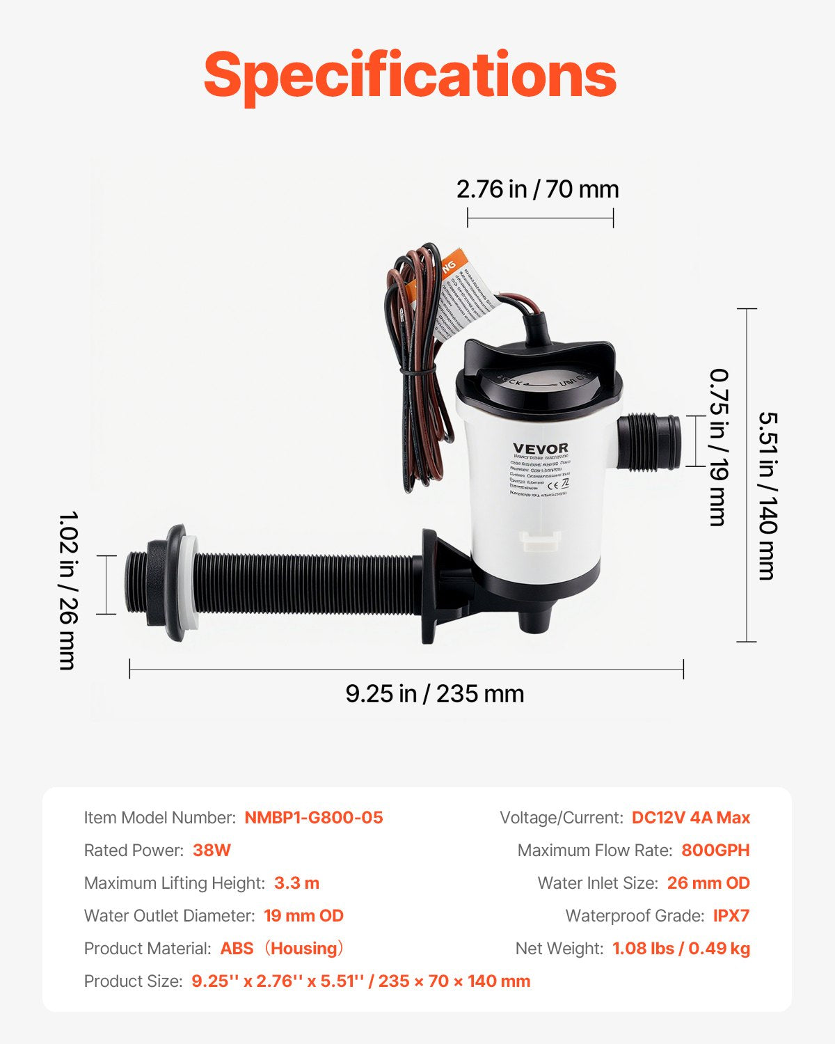 Lebendköderpumpe für Boote, 12 V, 50 l/min (800 GPH), Belüfterpumpe mit abnehmbarem Motor, 90°-Köderpumpen für Boote, korrosionsbeständige Tauchbelüfterpumpe, für Süß- und Salzwasser
