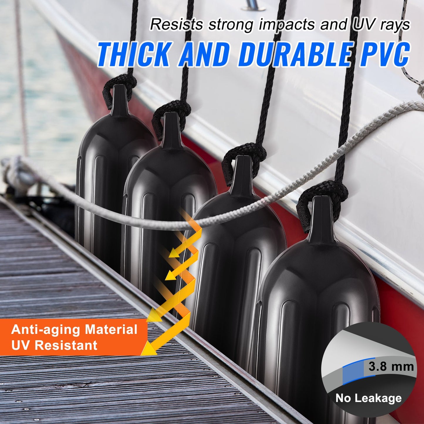 Boat Fenders, 14 cm x 51 cm Boat Bumpers for Docking, Inflatable Ribbed Fender with Center Holes, Marine Boat Dock Fender Bumper with Air Pump, 4 Needles and 4 Ropes and Storage Bag, Black