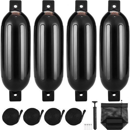 Boat Fenders, 8.5" x 26" Boat Bumpers for Docking, Inflatable Ribbed Fender with Center Holes, Marine Boat Dock Fender Bumper with Air Pump, 4 Needles and 4 Ropes and Storage Bag, Black