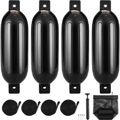 Boat Fenders, 8.5" x 26" Boat Bumpers for Docking, Inflatable Ribbed Fender with Center Holes, Marine Boat Dock Fender Bumper with Air Pump, 4 Needles and 4 Ropes and Storage Bag, Black