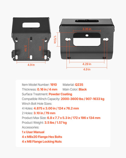 Winch Mount, Winch Capacity of 907-1633 kg, Trailer Hitch Winch Mount for Select Honda Foreman and Rancher Rubicon Models (2014-2021), 2 Mounting Hole Design, Powder Coated Steel, Black