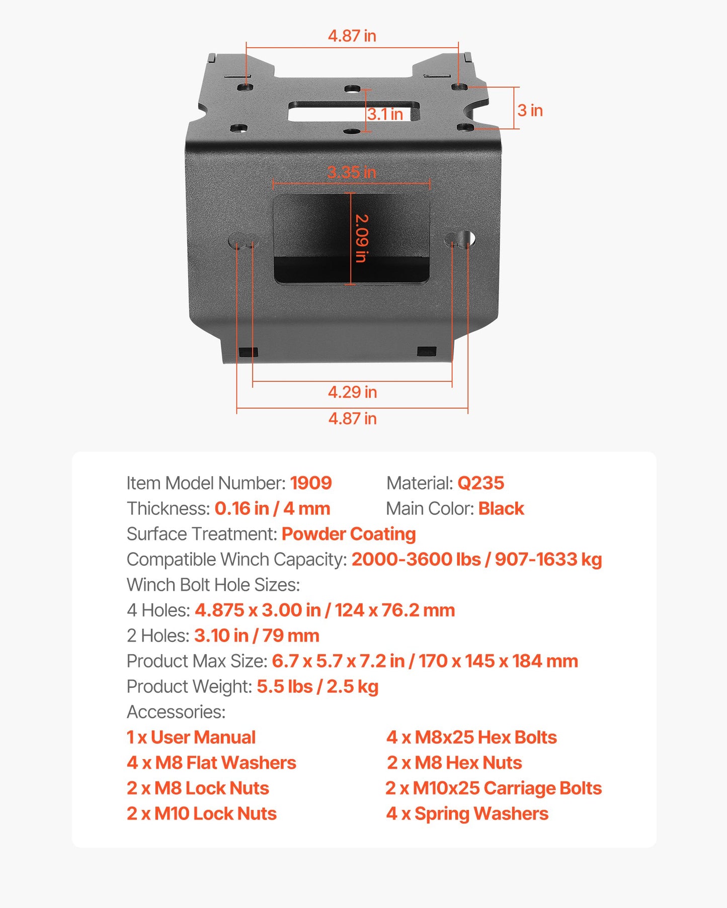 Winch Mount, Winch Capacity of 907-1633 kg, Trailer Hitch Winch Mount for Select Polaris Sportsman Models (2009 and Newer), 2 Mounting Hole Design, Powder Coated Steel, Fit for Desert Rescue