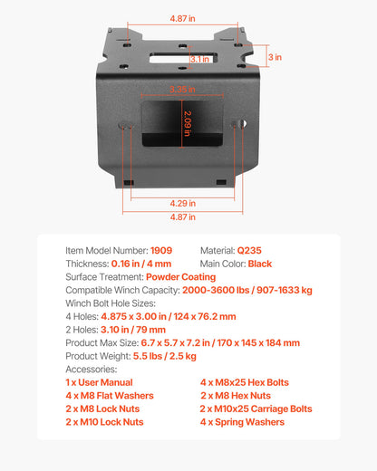 Winch Mount, Winch Capacity of 907-1633 kg, Trailer Hitch Winch Mount for Select Polaris Sportsman Models (2009 and Newer), 2 Mounting Hole Design, Powder Coated Steel, Fit for Desert Rescue