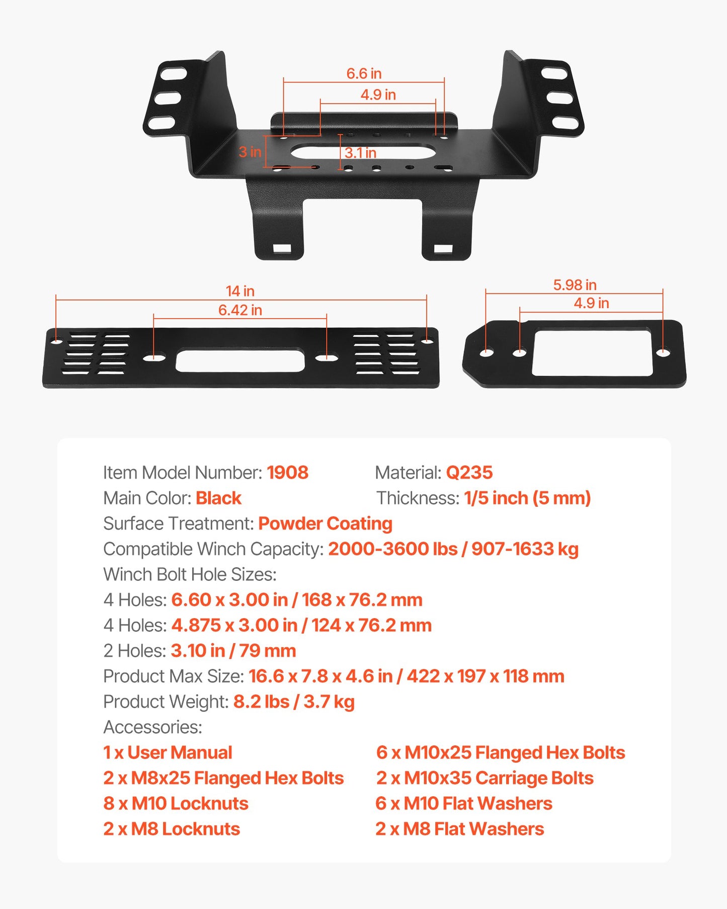 Winch Mount, Winch Capacity of 907-1633 kg, Trailer Hitch Winch Mount for Select Polaris Ranger Models (2010-2021), 3 Mounting Hole Design, Powder Coated Steel, Fit for Muddy Road Rescue