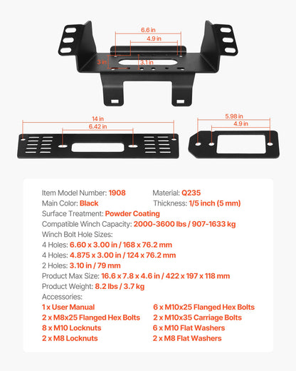 Winch Mount, Winch Capacity of 907-1633 kg, Trailer Hitch Winch Mount for Select Polaris Ranger Models (2010-2021), 3 Mounting Hole Design, Powder Coated Steel, Fit for Muddy Road Rescue