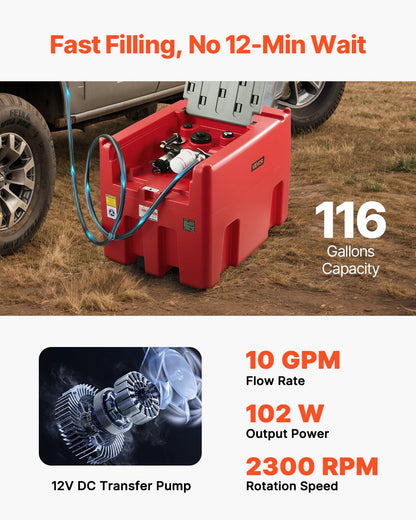 Portable Diesel & Gasoline Tank, 440L, 10 GPM Flow Rate, Diesel Fuel Tank with 12V Electric Transfer Pump, 13.1ft Hose, Auto Fueling Nozzle, Transfer Tank for Easy Fuel Transportation, Red