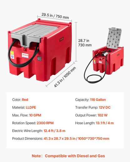 Portable Diesel & Gasoline Tank, 440L, 10 GPM Flow Rate, Diesel Fuel Tank with 12V Electric Transfer Pump, 13.1ft Hose, Auto Fueling Nozzle, Transfer Tank for Easy Fuel Transportation, Red