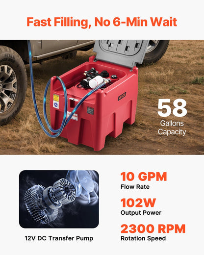 Portable Diesel & Gasoline Tank, 220L, 10 GPM Flow Rate, Diesel Fuel Tank with 12V Electric Transfer Pump, 13.1ft Hose, Auto Fueling Nozzle, Transfer Tank for Easy Fuel Transportation, Red