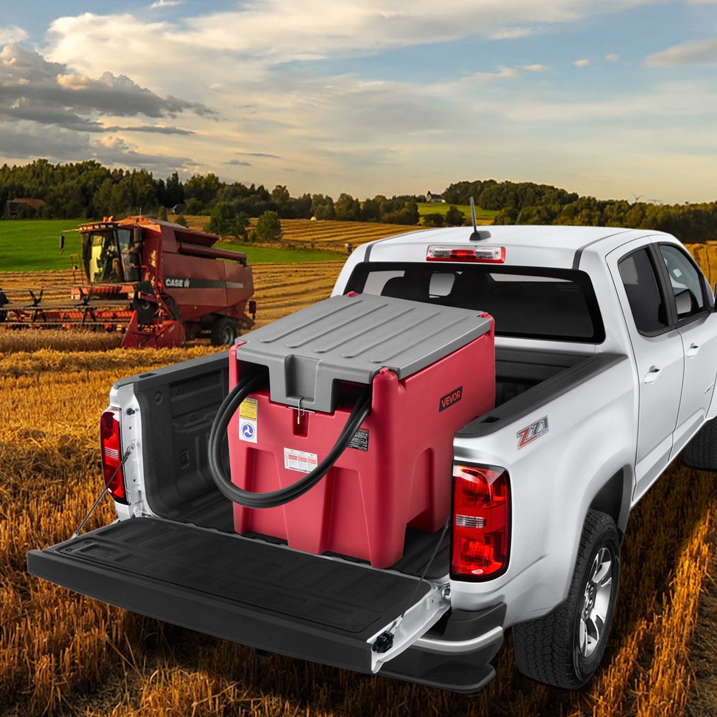 Portable Diesel & Gasoline Tank, 220L, 10 GPM Flow Rate, Diesel Fuel Tank with 12V Electric Transfer Pump, 13.1ft Hose, Auto Fueling Nozzle, Transfer Tank for Easy Fuel Transportation, Red