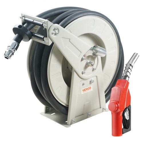 Fuel Hose Reel, 25.4 mm x 10.06 m, Extra Long Retractable Diesel Hose Reel, Heavy-Duty Carbon Steel Construction with Automatic Fuel Nozzle, NBR Rubber Hose for Aircraft Ship Vehicle Tank Truck, 20.68 bar