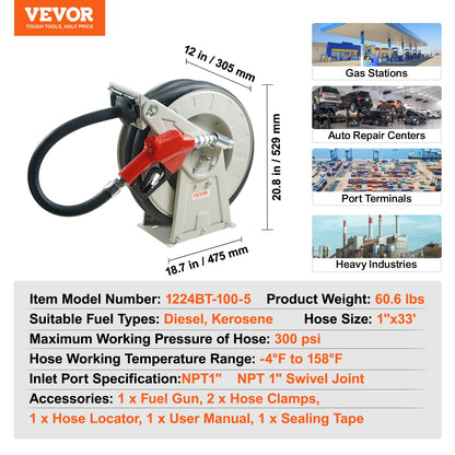 Fuel Hose Reel, 25.4 mm x 10.06 m, Extra Long Retractable Diesel Hose Reel, Heavy-Duty Carbon Steel Construction with Automatic Fuel Nozzle, NBR Rubber Hose for Aircraft Ship Vehicle Tank Truck, 20.68 bar