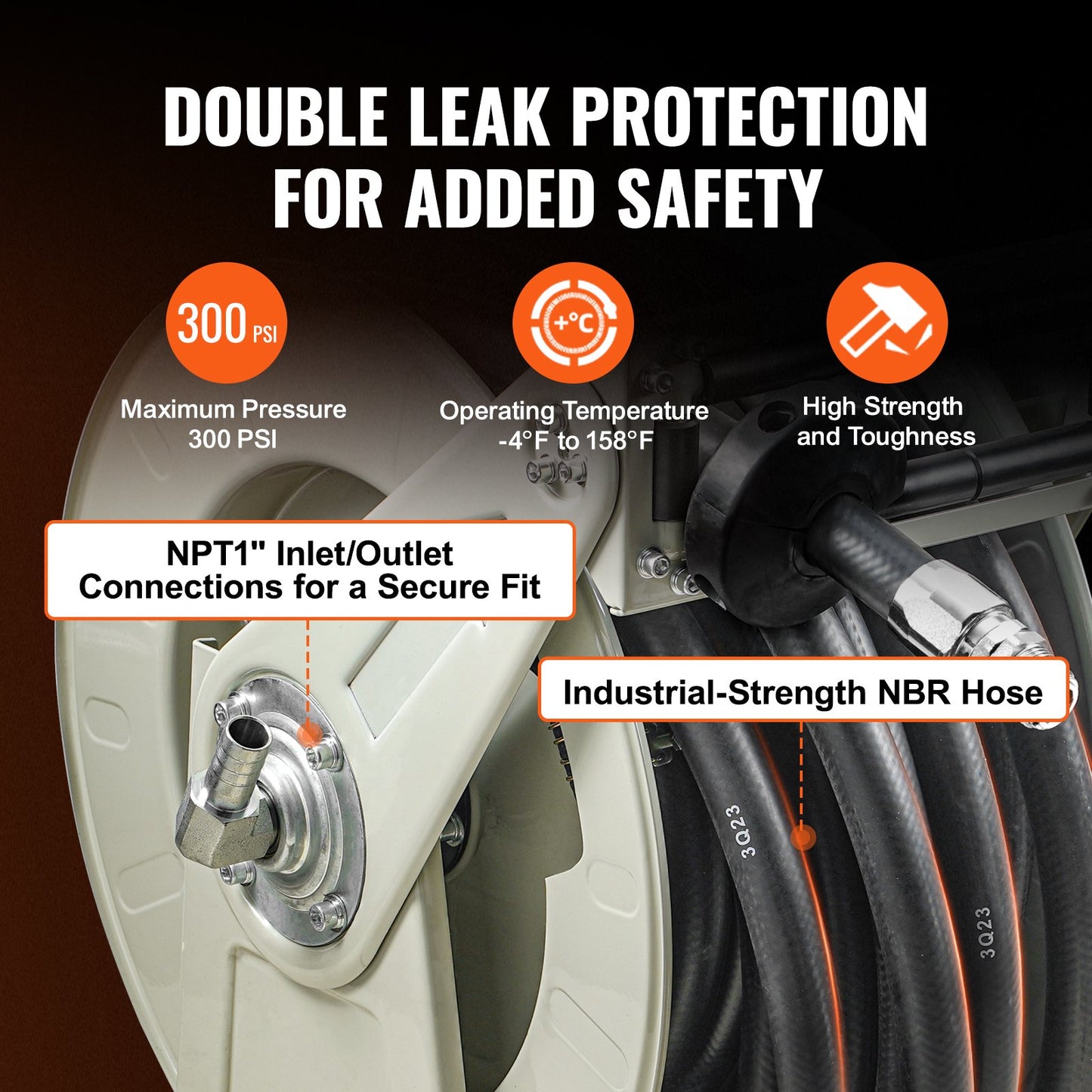 Fuel Hose Reel, 19.05 mm x 20.12 m, Extra Long Retractable Diesel Hose Reel, Heavy-Duty Carbon Steel Construction with Automatic Fuel Nozzle, NBR Rubber Hose for Aircraft Ship Vehicle Tank Truck, 20.68 bar