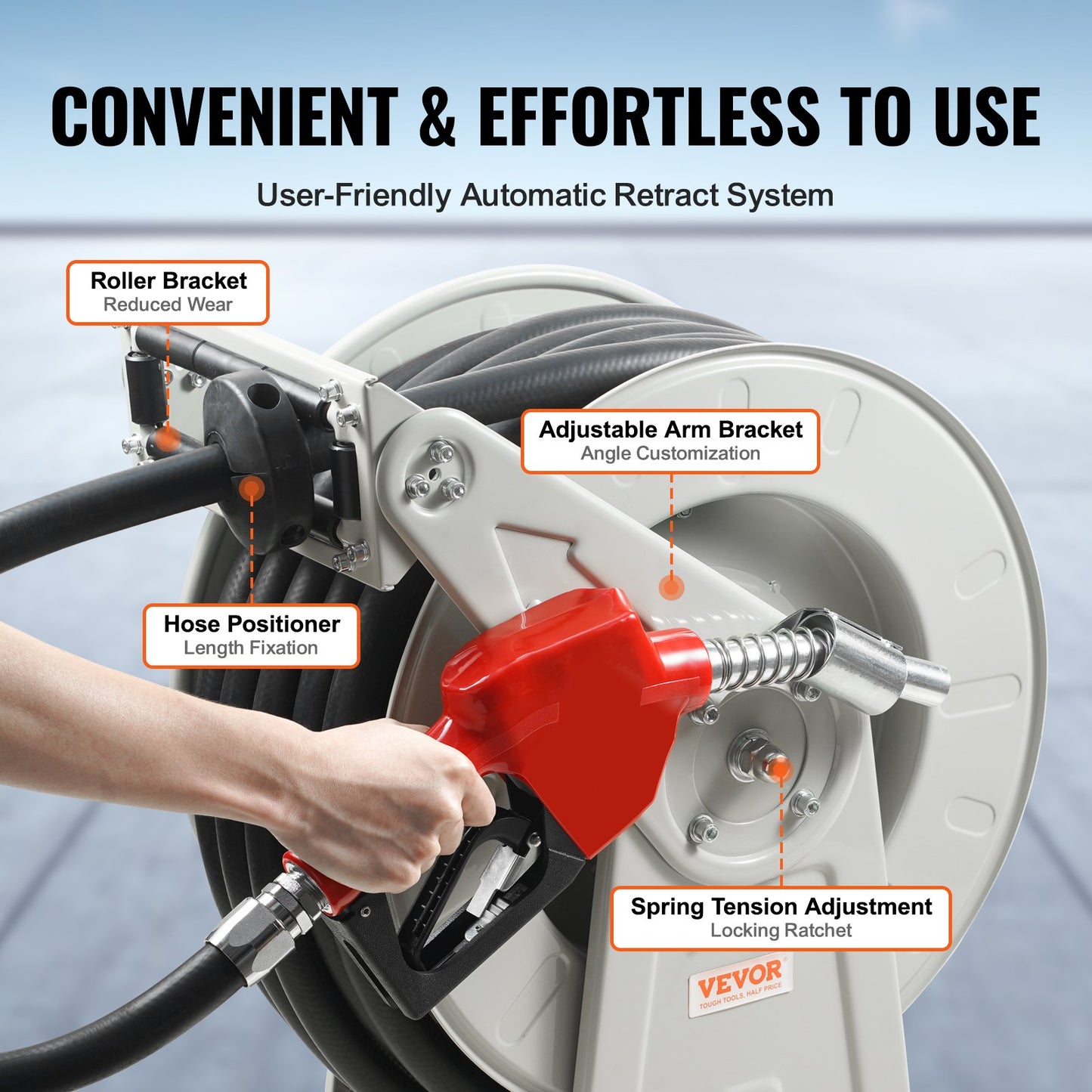 Kraftstoffschlauchtrommel, 25,4 mm x 15,24 m, extra lange, einziehbare Dieselschlauchtrommel, robuste Konstruktion aus Kohlenstoffstahl mit automatischer Kraftstoffdüse, NBR-Gummischlauch für Flugzeuge, Schiffe, Fahrzeuge und Tankwagen, 20,68 bar