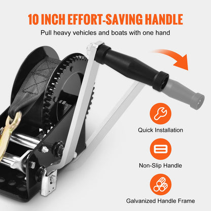 Hand Winch, 1587.6 kg Pulling Capacity, Boat Trailer Winch Heavy Duty Rope Crank with 1005.8 cm Polyester Strap and Two-Way Ratchet, Manual Operated Hand Crank Winch for Trailer, Boat or ATV Towing