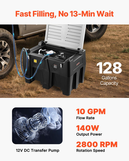 Portable Diesel Tank, 484.5L Capacity & 10 GPM Flow Rate, Gas Fuel Tank with 12V Electric Transfer Pump and 4m Rubber Hose, PE Diesel Transfer Tanks for Easy Fuel Transportation, Black