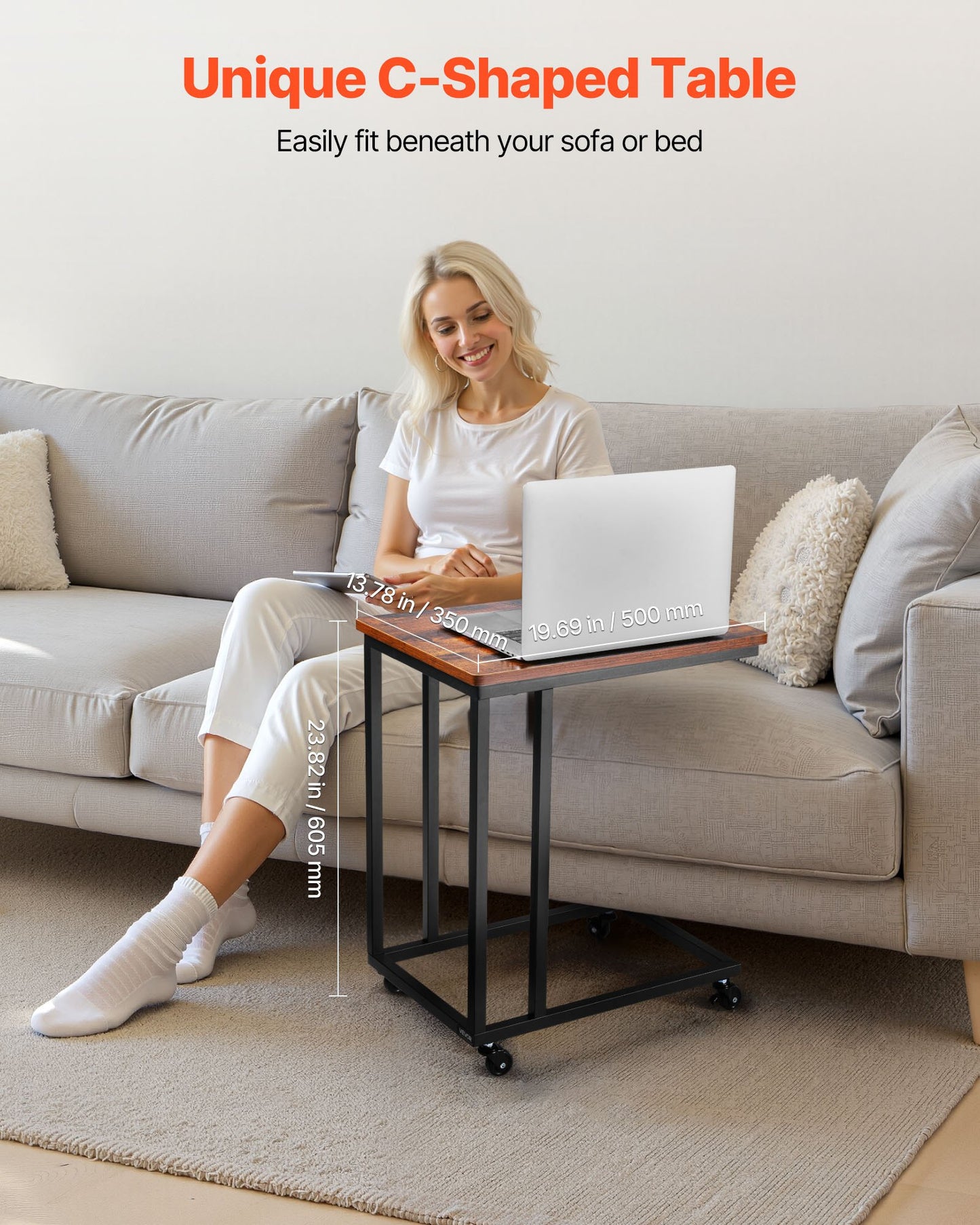 C-förmiger Beistelltisch mit Metallgestell und Rollen, tragbarer C-förmiger Beistelltisch für Wohnzimmer, Schlafzimmer oder Büro, Maße: 50 x 35 x 60,5 cm (19,69 x 13,78 x 23,82 Zoll), braun/schwarz