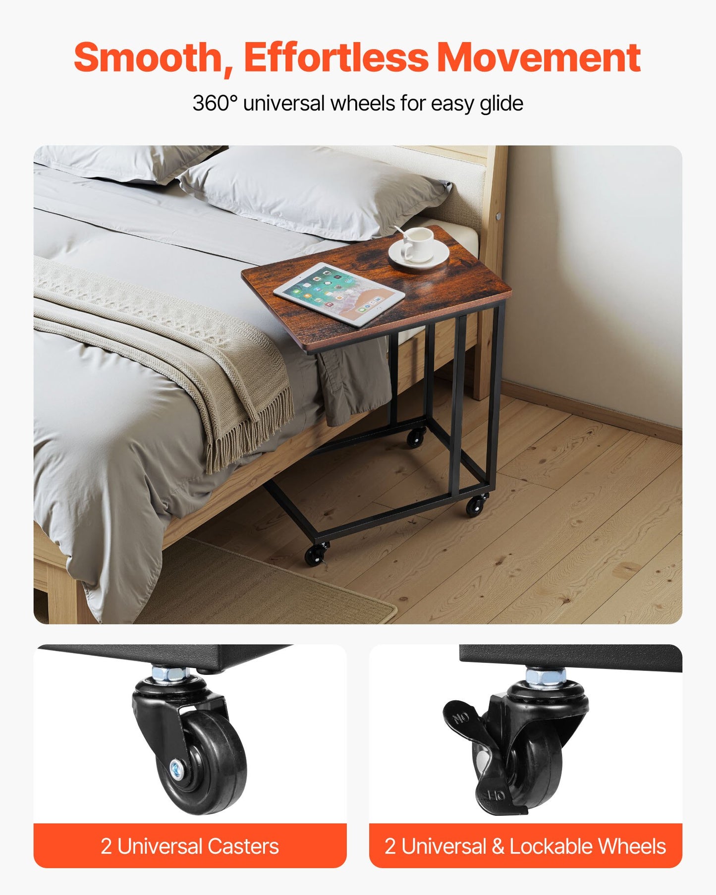 C-förmiger Beistelltisch mit Metallgestell und Rollen, tragbarer C-förmiger Beistelltisch für Wohnzimmer, Schlafzimmer oder Büro, Maße: 50 x 35 x 60,5 cm (19,69 x 13,78 x 23,82 Zoll), braun/schwarz