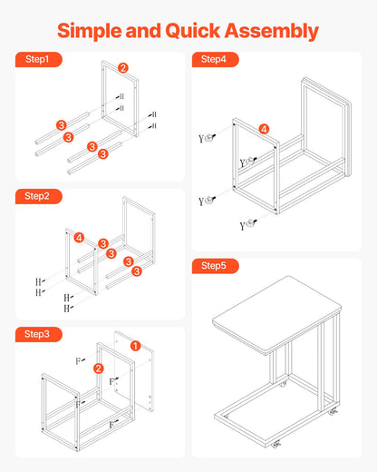 C-förmiger Beistelltisch mit Metallgestell und Rollen, tragbarer C-förmiger Beistelltisch für Wohnzimmer, Schlafzimmer oder Büro, Maße: 50 x 35 x 60,5 cm (19,69 x 13,78 x 23,82 Zoll), braun/schwarz