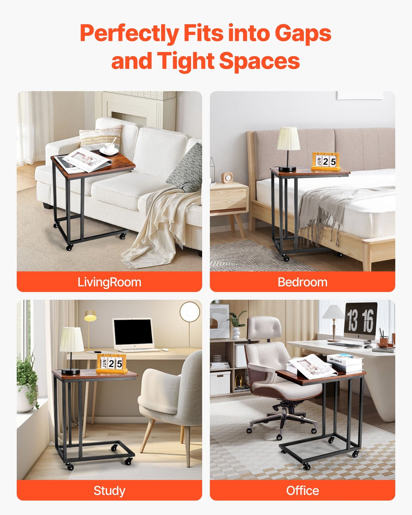 C-förmiger Beistelltisch mit Metallgestell und Rollen, tragbarer C-förmiger Beistelltisch für Wohnzimmer, Schlafzimmer oder Büro, Maße: 50 x 35 x 60,5 cm (19,69 x 13,78 x 23,82 Zoll), braun/schwarz