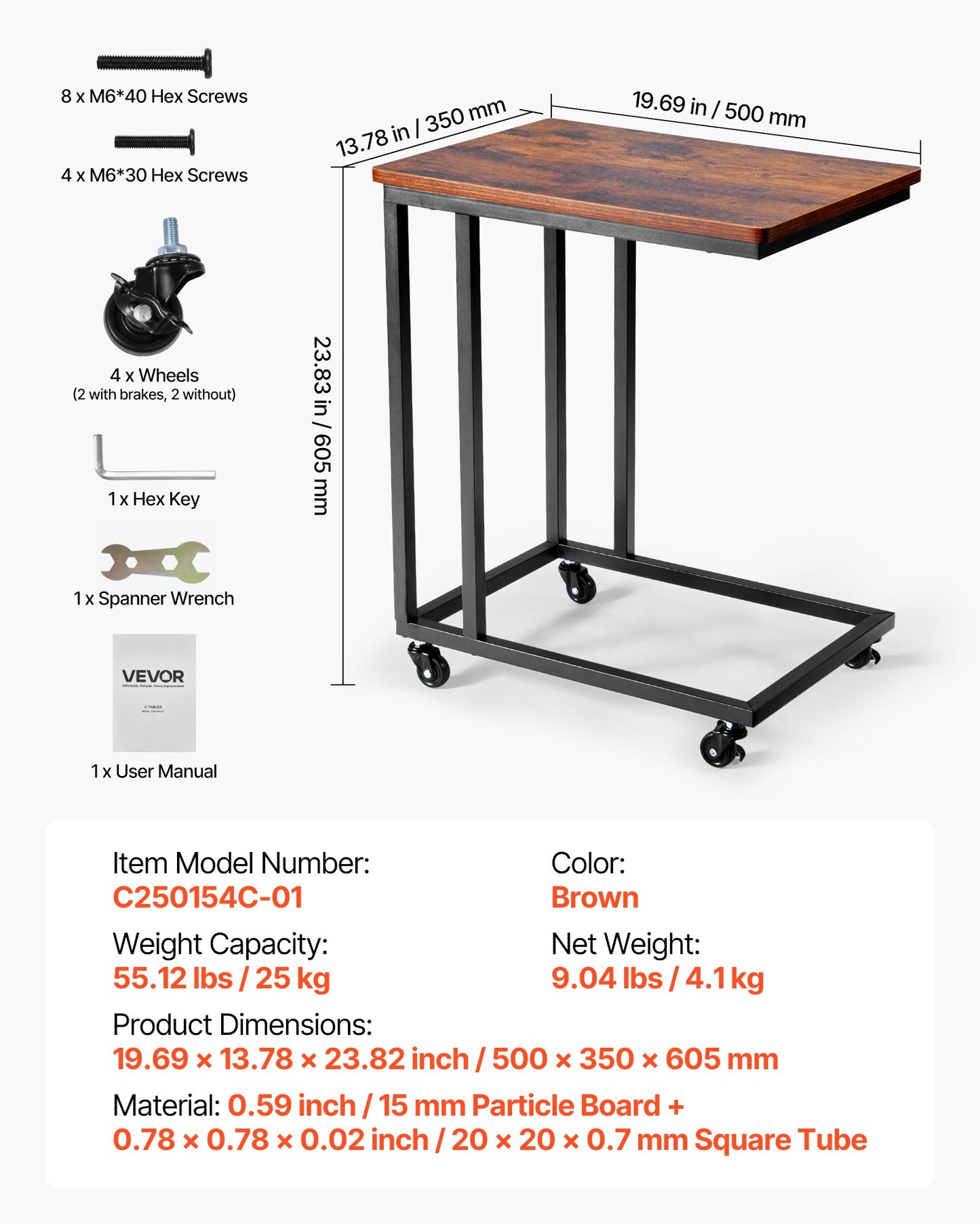 C-förmiger Beistelltisch mit Metallgestell und Rollen, tragbarer C-förmiger Beistelltisch für Wohnzimmer, Schlafzimmer oder Büro, Maße: 50 x 35 x 60,5 cm (19,69 x 13,78 x 23,82 Zoll), braun/schwarz
