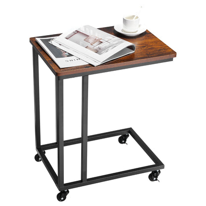 C-förmiger Beistelltisch mit Metallgestell und Rollen, tragbarer C-förmiger Beistelltisch für Wohnzimmer, Schlafzimmer oder Büro, Maße: 50 x 35 x 60,5 cm (19,69 x 13,78 x 23,82 Zoll), braun/schwarz