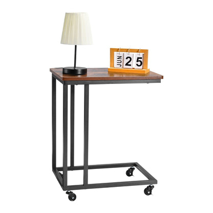 C-förmiger Beistelltisch mit Metallgestell und Rollen, tragbarer C-förmiger Beistelltisch für Wohnzimmer, Schlafzimmer oder Büro, Maße: 50 x 35 x 60,5 cm (19,69 x 13,78 x 23,82 Zoll), braun/schwarz